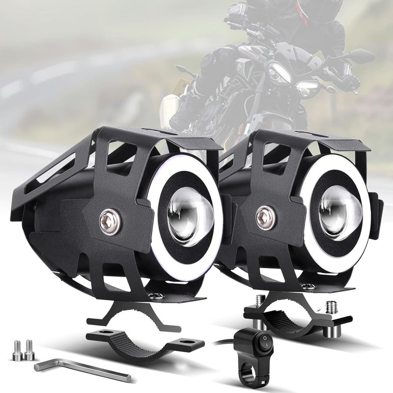 PAKRYS Motorcycle Driving Lights with Cutoff Line U9 LED Fog Lights with High Low Strobe Beam Halo Rings White Central with U9 Running DRL Switches Clamps Universal LED Spotlights Driving Lights 2 Packs - Image 1
